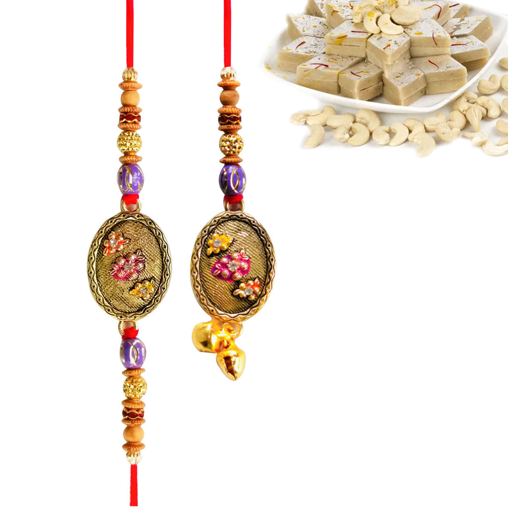 2 Rakhi - Beautiful Bhaiya Bhabhi Rakhi With Indian Sweets Or Chocolates