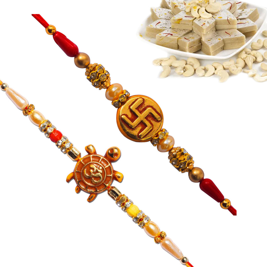 2 Rakhi - Om Rakhi and Swastik Rakhi With Indian Sweets Or Chocolates