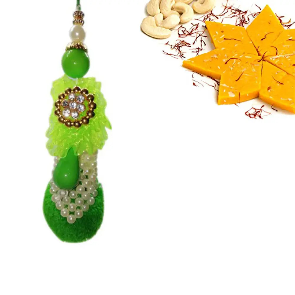 1 Rakhi - Green Stone and White Pearl Lumba Rakhi With Indian Sweets