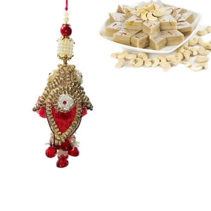 1 Rakhi - Red Stone Fancy Lumba Rakhi For Ladies With Indian Sweets