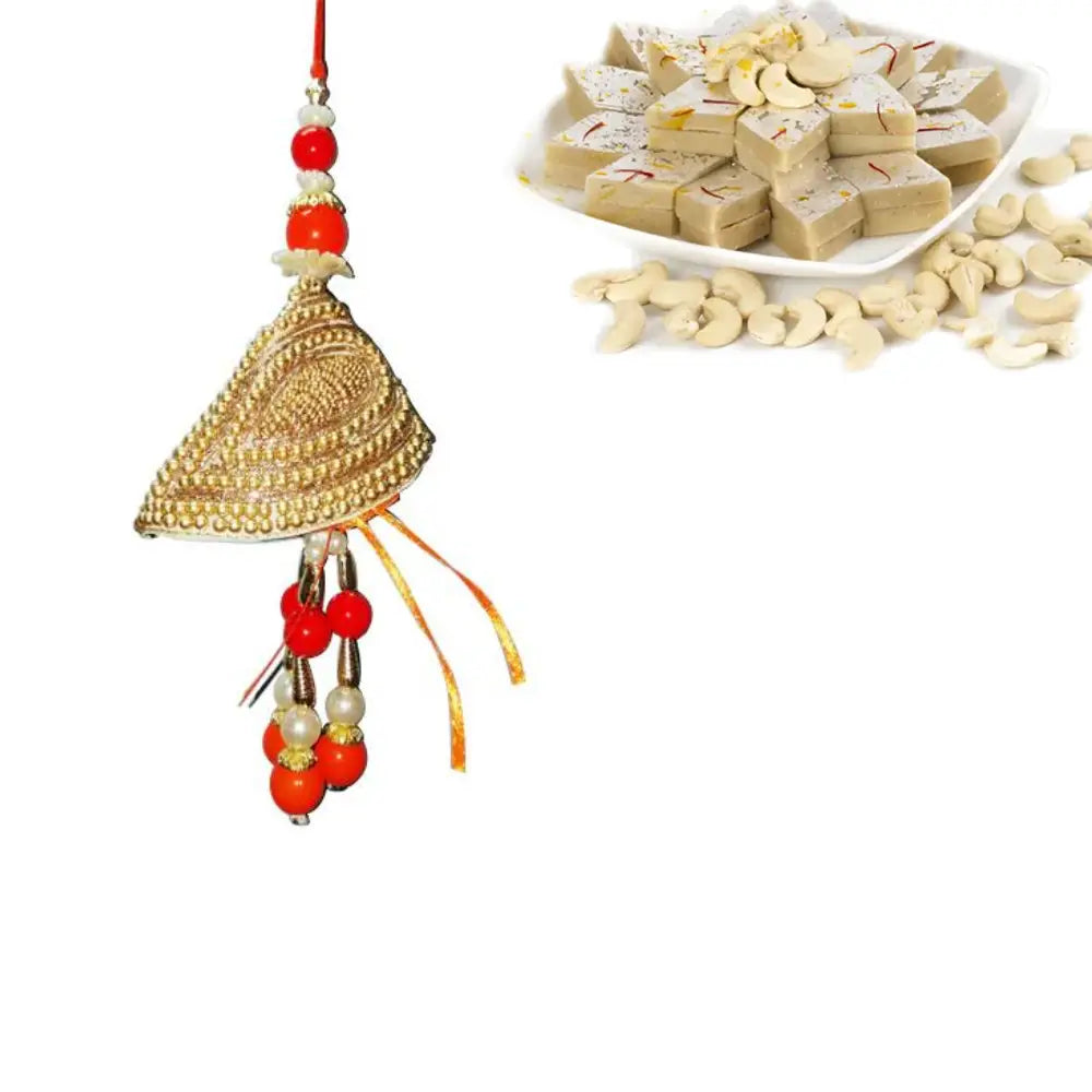1 Rakhi - Red and Safroon Pearl Lumba Rakhi With Indian Sweets
