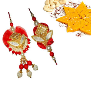 2 Rakhi - White Pearl and Golden Work Couple Rakhi With Indian Sweets