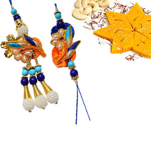 2 Rakhi - Beautiful Pearl and Beads Bhaiya Bhabhi Rakhi With Indian Sweets