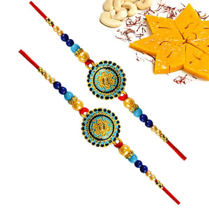 2 Rakhi - Blue Round Pendant Rakhi With Indian Sweets
