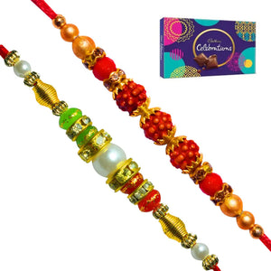 2 Rakhi - Colorful Beads and Rudraksh Rakhis with Chocolate Box