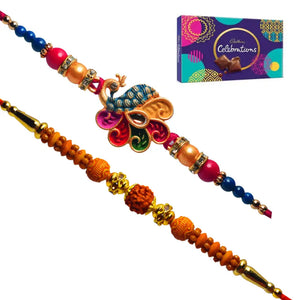 2 Rakhi - Colorful Peacock and Rudraksh Rakhis with Chocolate Box