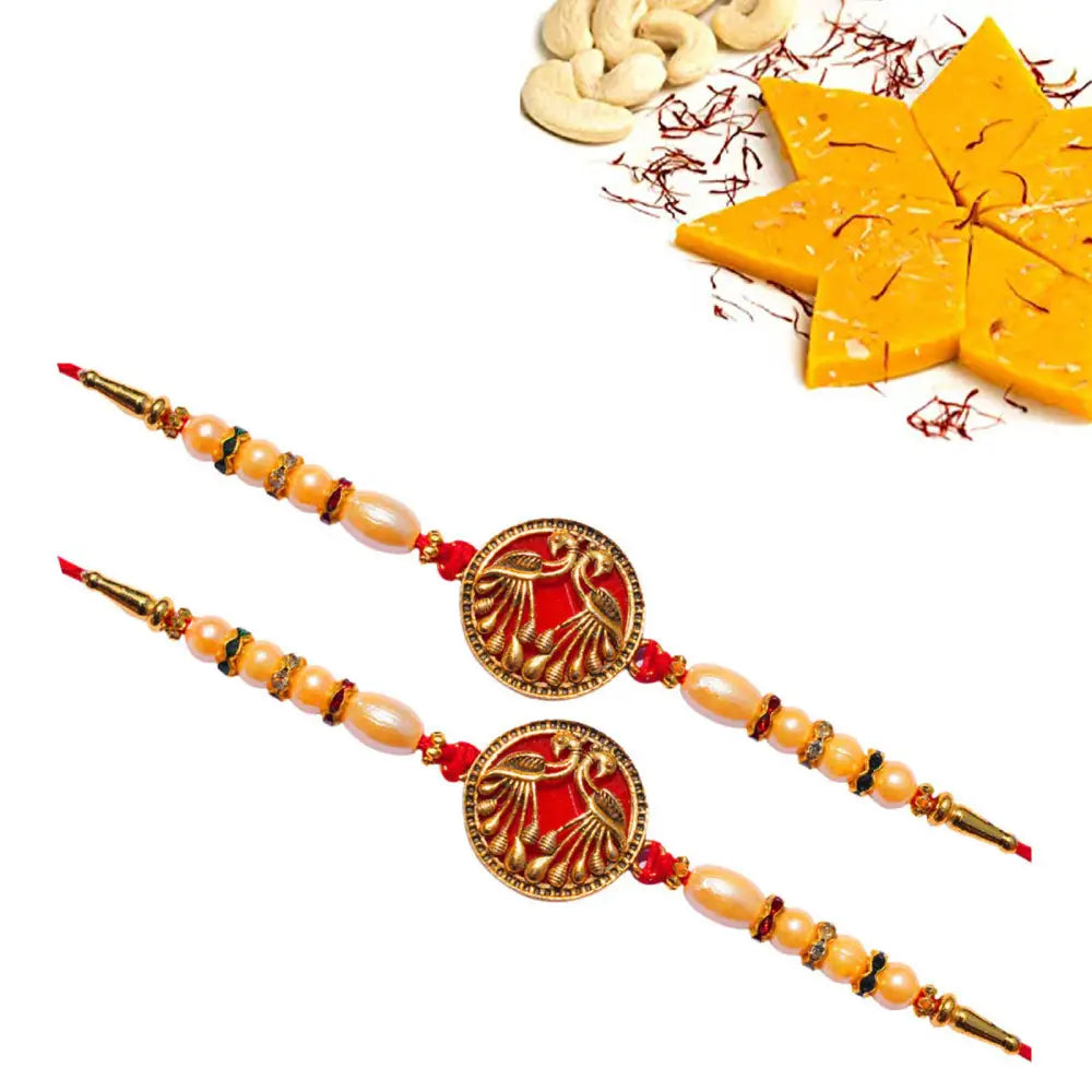 2 Rakhi - Colorful Red Peacock Rakhi Set With Indian Sweets