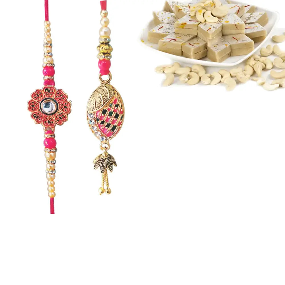 2 Rakhi - Designer Pearl And Beads Bhaiya Bhabhi Rakhi With Indian Sweets