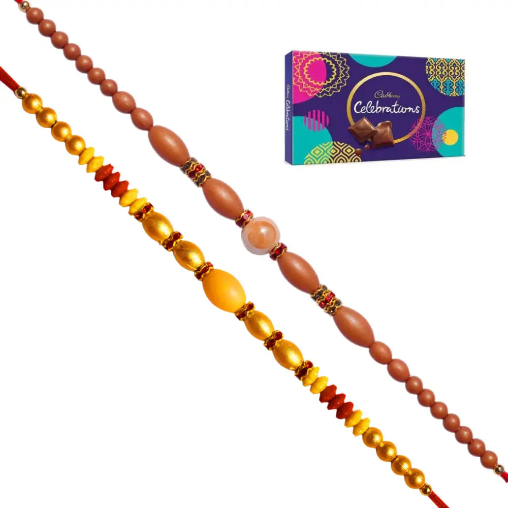 2 Rakhi - Multicolor Beads and Rudraksh Rakhis With Chocolate Box