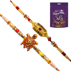 2 Rakhi - OM and Golden Color Fancy Rakhis with Chocolate Pack