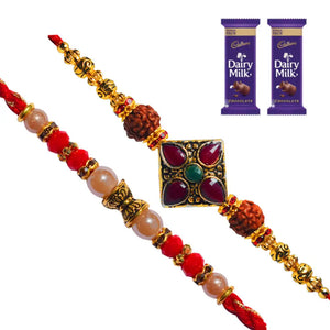 2 Rakhi - Pearls and Fancy Rakhi Set with Chocolate Pack