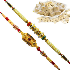 2 Rakhi - Pearls and Fancy Rakhi With Indian Sweets