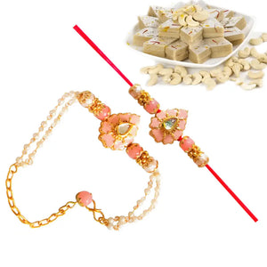 2 Rakhi - Pink Beads Couple Rakhi With Indian Sweets