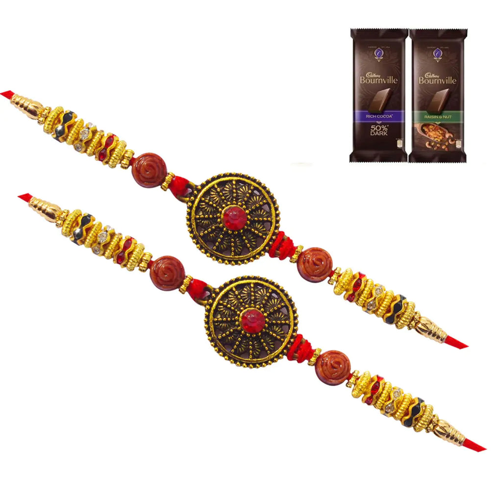 2 Rakhi - Round Pendant Rakhis With Chocolate Box