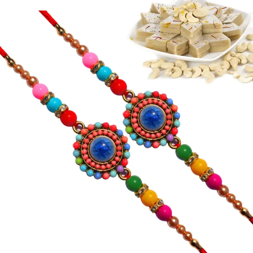 2 Rakhi - Stone Rakhi Set With Indian Sweets