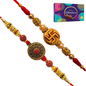 2 Rakhi - Swastik and Round Pendant Rakhi with Chocolate Pack