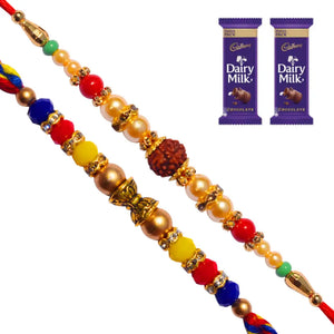 2 Rakhi - Crystals and Rudraksh Rakhi With Chocolate Box