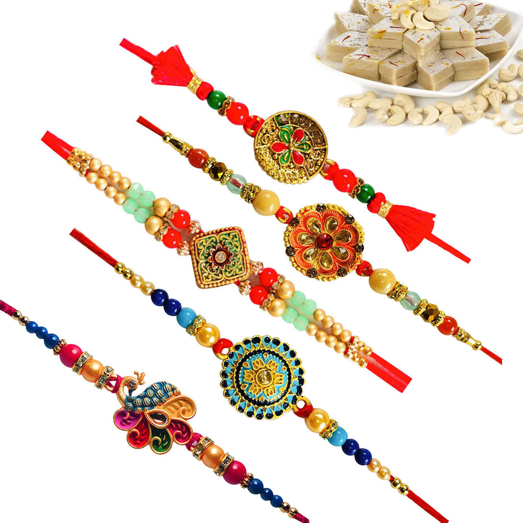 5 Rakhi - Colorful Rakhi Set With Indian Sweet or Chocolates