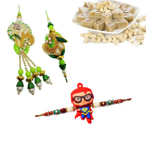 3 Rakhi - Fancy Couple Rakhi, and 1 Kids Rakhi With Indian Sweets
