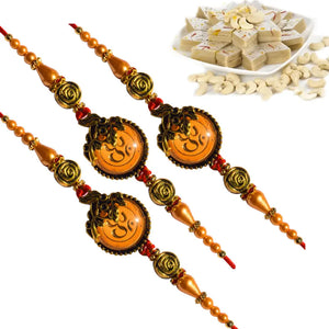 3 Rakhi - Om Rakhi Set With Indian Sweets
