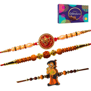 3 Rakhi - Ganeshji, Rudraksh and Chhota Bheem Rakhis With Chocolates