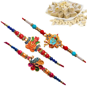 3 Rakhi - Krishna, Ganeshji, and Handicraft Rakhi With Indian Sweets