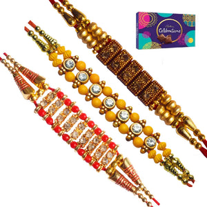 3 Rakhi - Multicolor Handicraft Rakhis With Chocolate Box