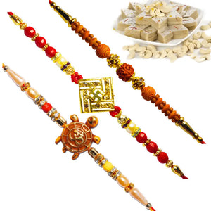 3 Rakhi - Rudraksh Swastik and OM Rakhis With Indian Sweets