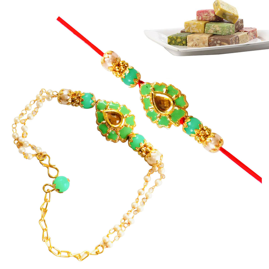 2 Rakhi - Green Bhaiya Bhabhi Rakhis With Indian Sweet or Chocolates