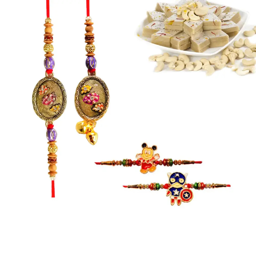 4 Rakhi - Beautiful Bhaiya Bhabhi Rakhi and Kids Rakhi With Indian Sweets