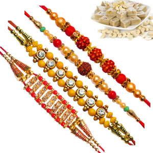 4 Rakhi - Rudraksh and AD Rakhi Set With Indian Sweets