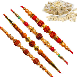 4 Rakhi - Rudraksh Rakhi Set With Indian Sweets