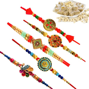 5 Rakhi - Beautiful Fancy Rakhi Set With Indian Sweets