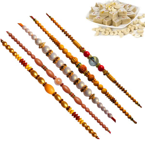 5 Rakhi - Beautiful Pearls Rudraksh and Beads Rakhi With Indian Sweets