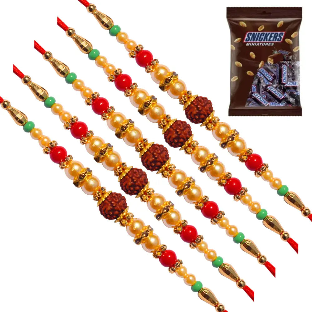 5 Rakhi - Delightful Rudraksh Rakhi Set With Chocolate Box