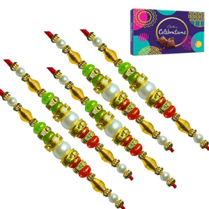 5 Rakhi - Double Line Pearls and Beads Rakhi With Chocolates