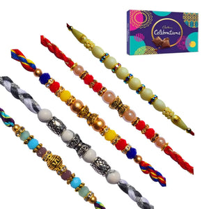 5 Rakhi - Lovely Set of Crystal Rakhi Set With Chocolate Box
