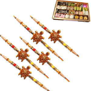 5 Rakhi - OM Rakhi Set With Indian Sweets