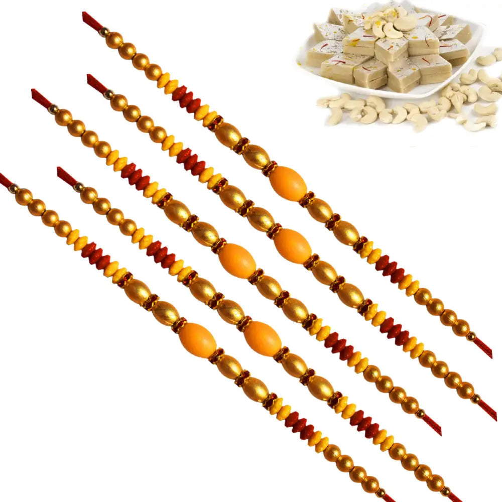 5 Rakhi - Pearl Rakhi Set With Indian Sweets
