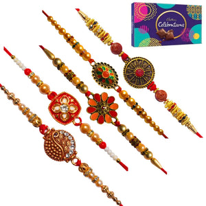 5 Rakhi - Pearls and Beads Rakhis With Chocolate Box