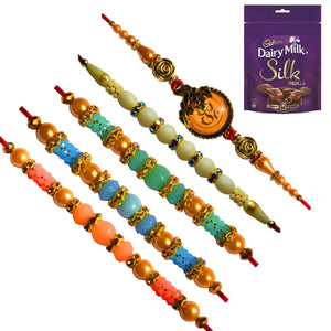 5 Rakhi - Pretty Pearl and Beads Rakhi With Chocolates BOX.