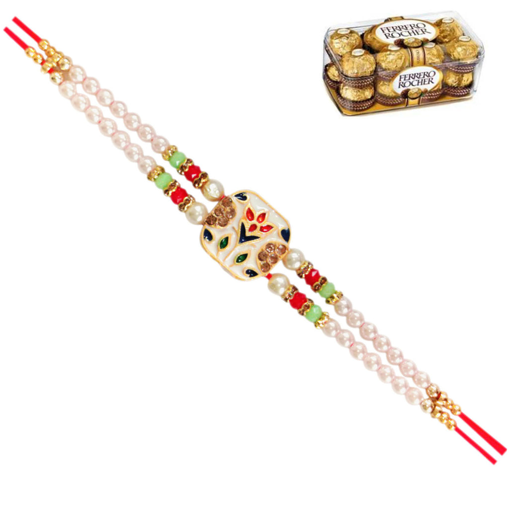 1 Rakhi - Colorful White  Rakhi With Ferrero Rocher Chocolate Box