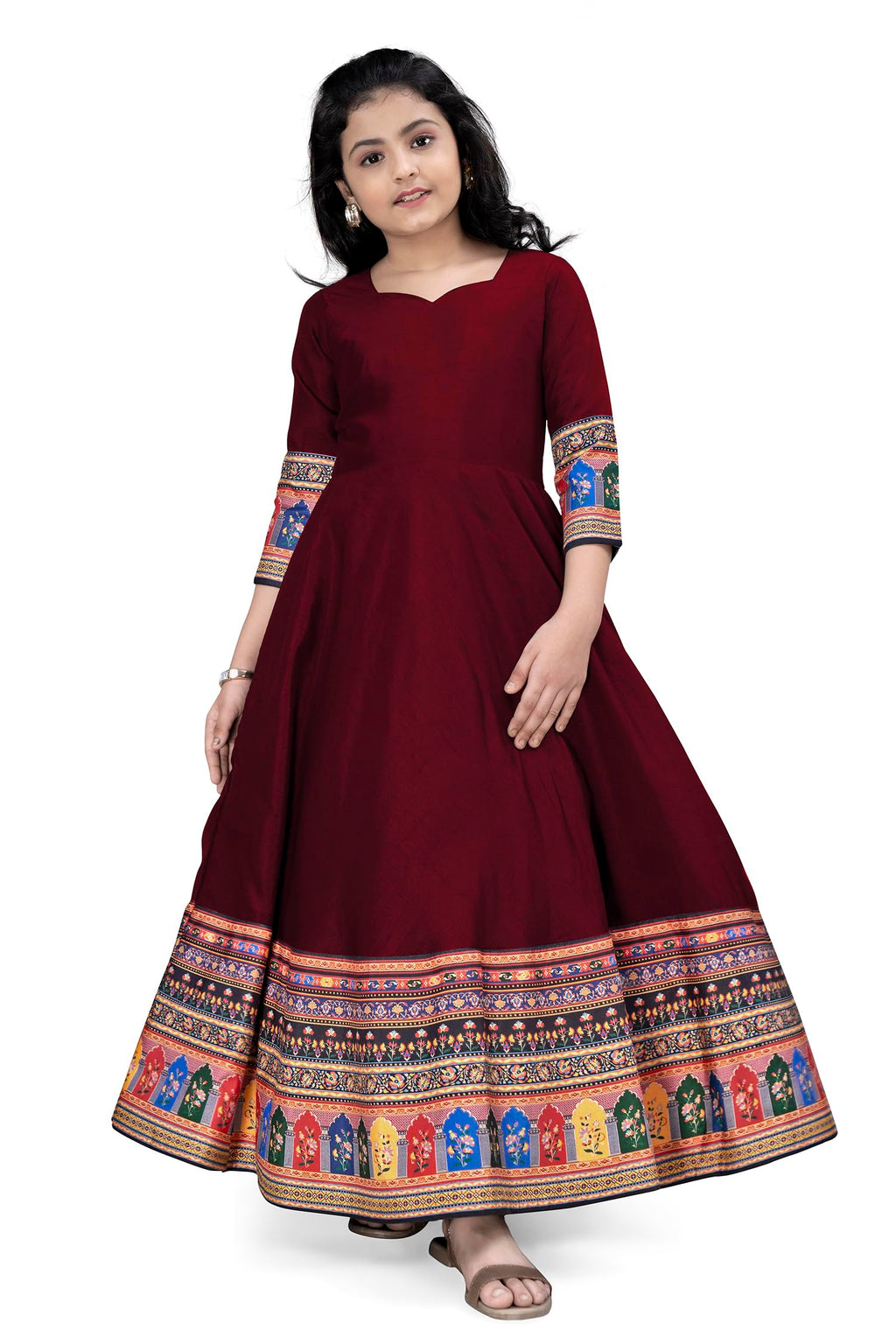 Fashion Dream Girls Maxi Length Flared Ethnic Dress | Long Fit and Flare for Kids