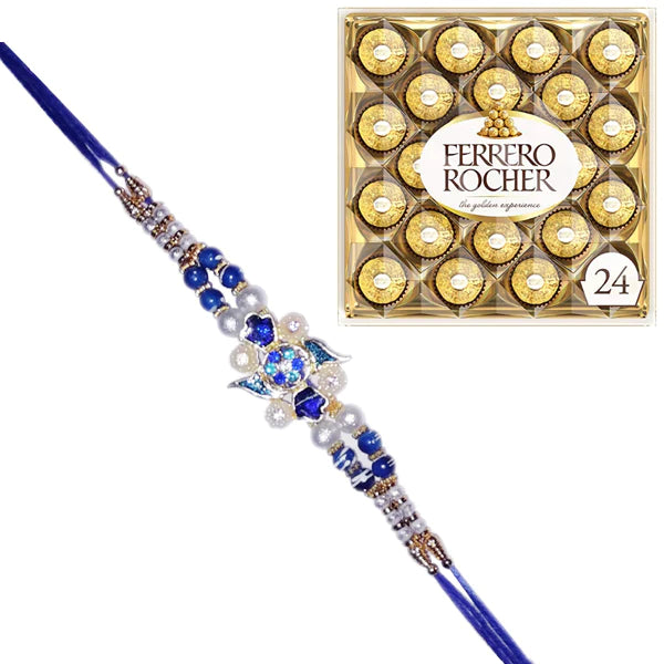 1 Rakhi - Blue Pearl Rakhi With Ferrero Rocher Chocolate Or Kaju Katli