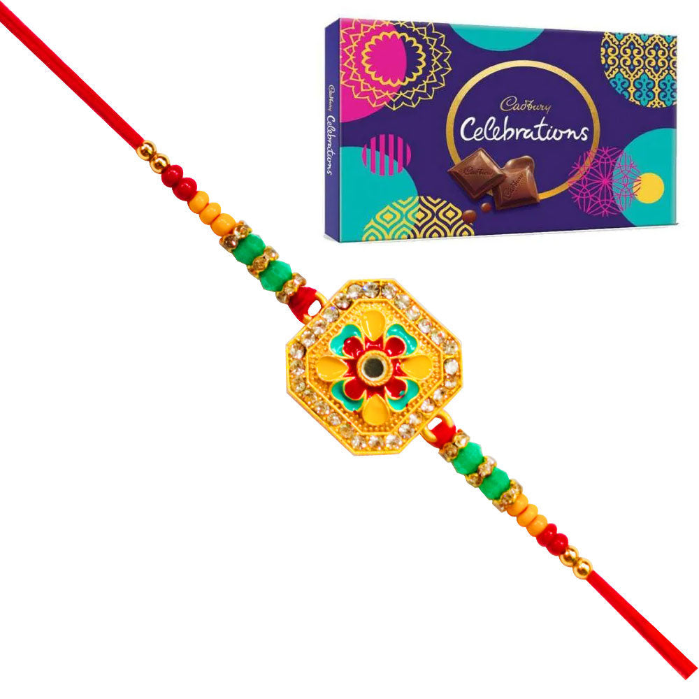 1 Rakhi - Colorful Square Pendant Rakhi With Chocolates