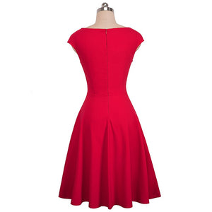 Vintage Brief Solid Color Elegant O-Neck Vestidos Cap Sleeve A-Line Pinup Business Women Flare Swing Dress