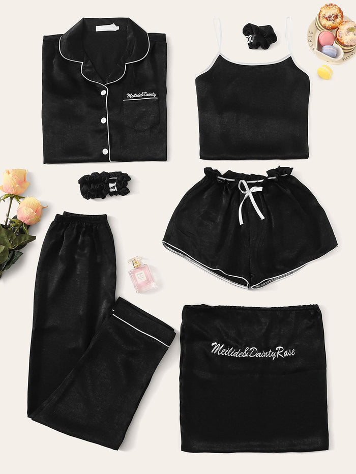 7pcs Letter Embroidered Cami PJ Set With Shirt Black