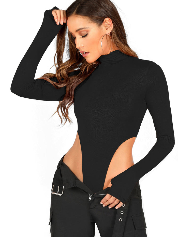 Fitted Turtleneck High-Cut Bodysuit Black