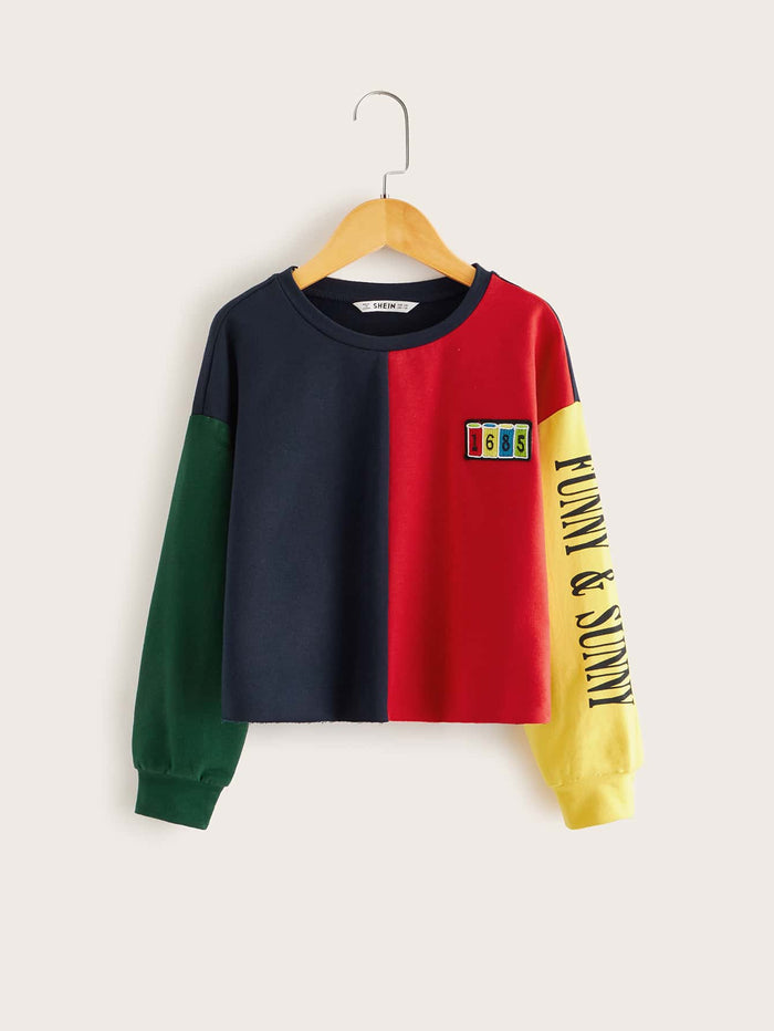 Girls Slogan Graphic Colorblock Patched Pullover