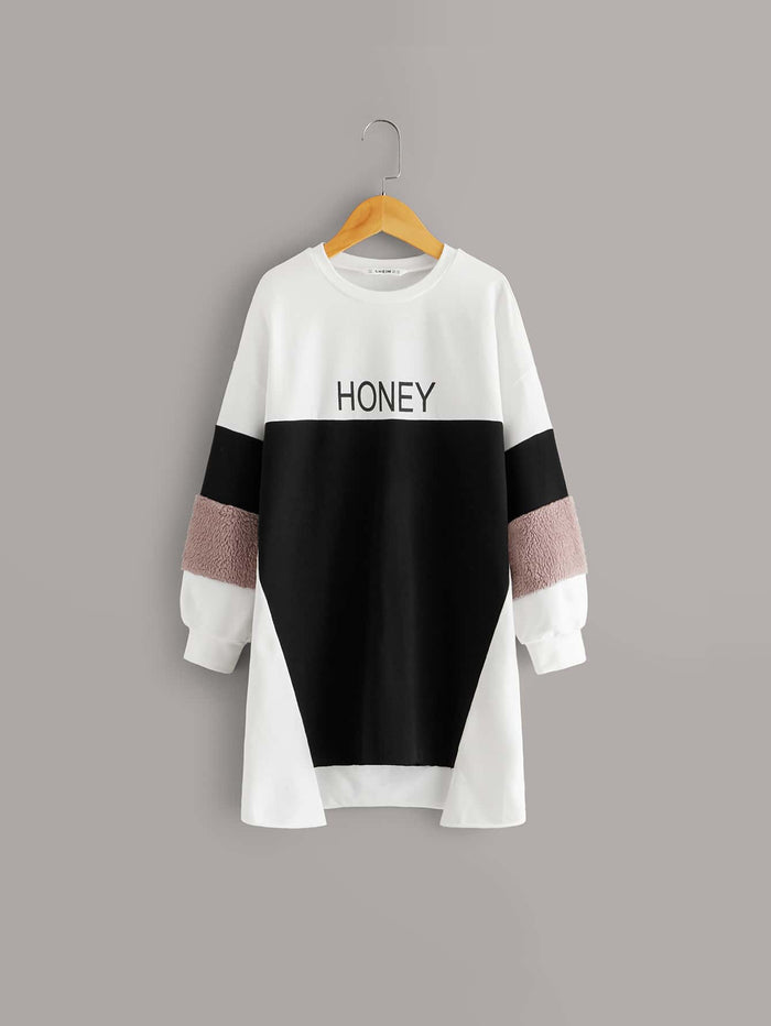 Girls Contrast Teddy Panel Letter Graphic Longline Sweatshirt Black and White